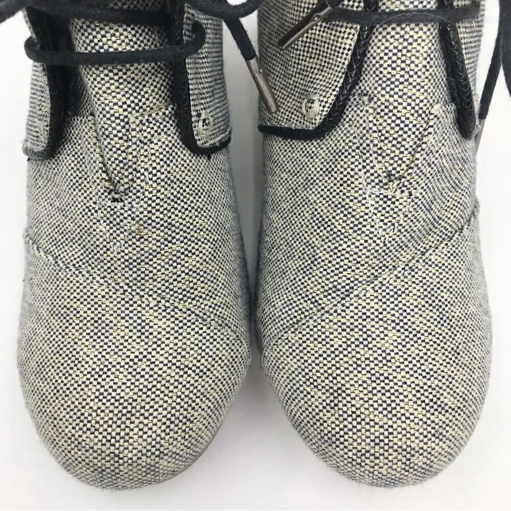 Toms KALA Beige Gold Black Sparkle Tweed Lace Up Wedge Heel Shoes